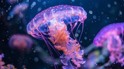 Obraz premium jellyfish with neon glow underwater.