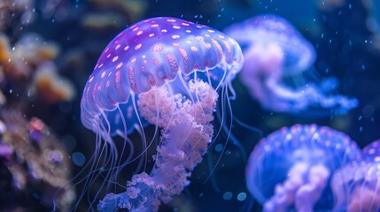 Obraz premium jellyfish with neon glow underwater.