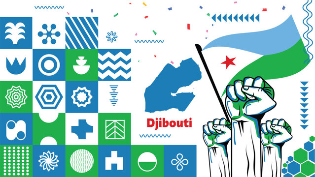 Djibouti national day banner design. Djiboutian flag theme graphic art web background. Abstract celebration geometric decoration, white blue green color. Djibouti flag vector illustration. - Powered by Adobe
