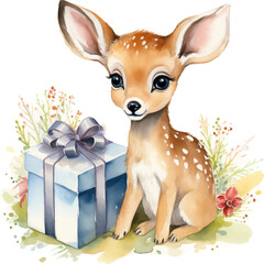 Watercolor deer clipart with gift and flowers
