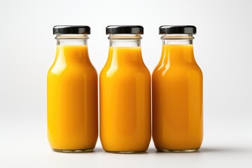 Several bottles of fresh orange juice on a white background isolated.