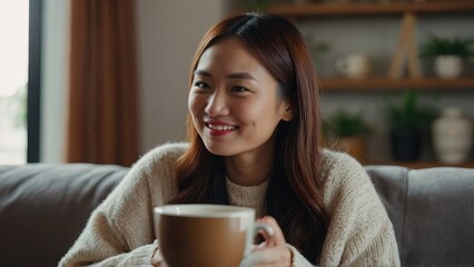 Asian woman drinking coffee sitting on sofa at home
