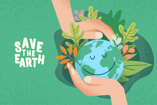 Happy Earth Day. Diversity Human Hands Holding Earth Globe, Green Leaves. Environment Care and Eco-Friendly, Noise Grain Vector Illustration, Sustainability and World Environment Day, Save the Earth