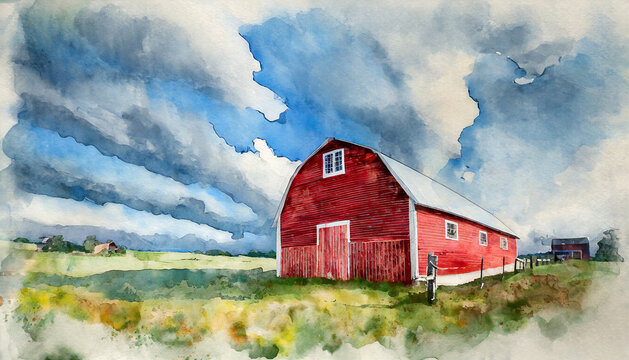 Watercolor painting of wooden red bard and cloudy sky. Rural scenery. Natural landscape.