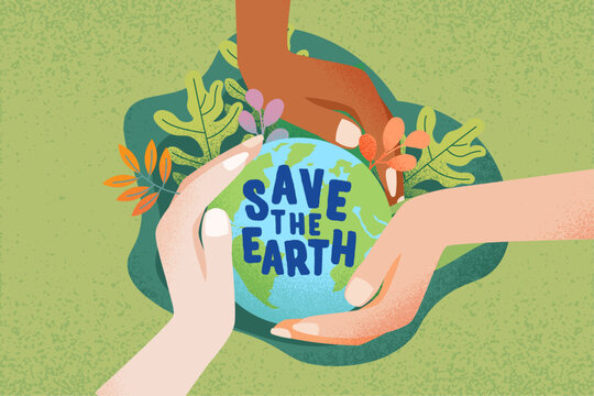 Happy Earth Day. Save the Earth. Diversity Human Hands Holding Earth Globe, Green Leaves. Environment Care and Eco-Friendly, Noise Grain Vector Illustration, Sustainability and World Environment Day
