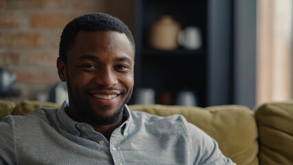 Black man drinking coffee sitting on sofa at home