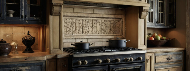 French provincial kitchen with distressed cabinets and wrought-iron accents - obrazy, fototapety, plakaty