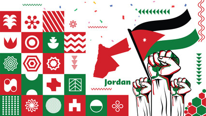 Jordan National Day banner with map, flag colors theme background and geometric abstract retro modern green and red design. Jordan theme. Amman Vector Illustration.