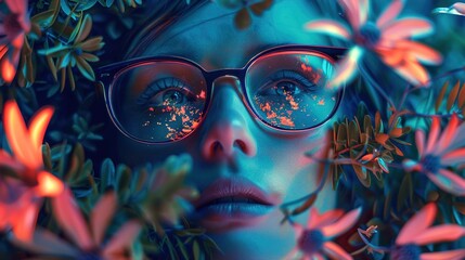 The image features a close-up view of a woman's face, with her eyes as the focal point. She is wearing eyeglasses that reflect specks of orange light, possibly from surrounding flowers. The colors in 