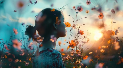 The image features a young person in profile facing left and surrounded by a field of colorful flowers. The individual appears to be calm and contemplative, enjoying the serene environment. The settin