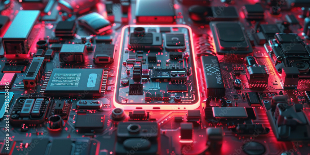 Poster electronic circuit board with glowing red light in the center technology background with illuminated