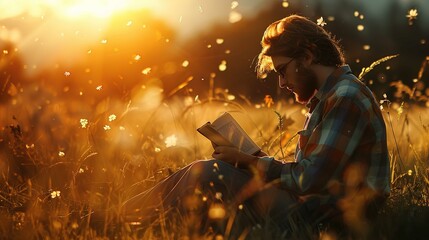 A person with long hair and a beard is sitting in a sunlit field at sunset, deeply engrossed in reading a book. The sunlight filters through the scene, casting a warm golden glow and creating a bokeh  - obrazy, fototapety, plakaty