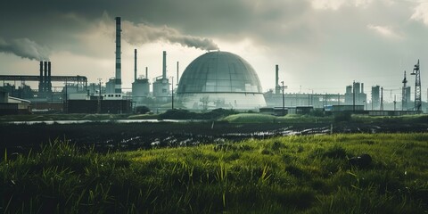 wide shot photo of industrial facility on a grass plain, massive industrial dome, smokestacks, pipes and brutalist buildings, rainy day - obrazy, fototapety, plakaty