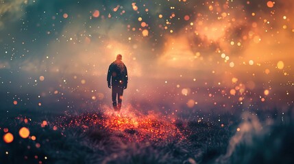An individual walks away from the viewer through a dreamlike landscape with sparks rising around them, bathing the scene in a warm, orange glow. The person is centrally positioned and silhouetted agai