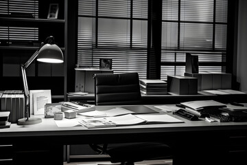 Black and White Depiction of a Professional, Clean and Organized Office Space with Modern Aesthetics