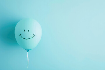 Cheerful air balloon with a smiling face against a pastel blue background