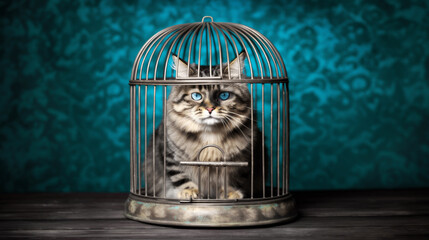 A charming portrait of a blue-eyed cat sitting inside a birdcage, exhibiting its curious behavior