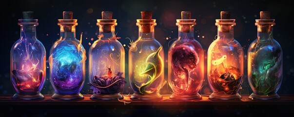 Magic bottles with magic elixirs for love spells, sorcery and divination. Magic illustration and alchemy. Digital ai art - obrazy, fototapety, plakaty