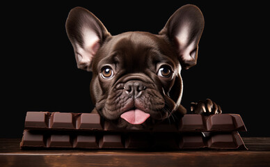 Portrait of a cute French Bulldog puppy with a chocolate bar against a black background