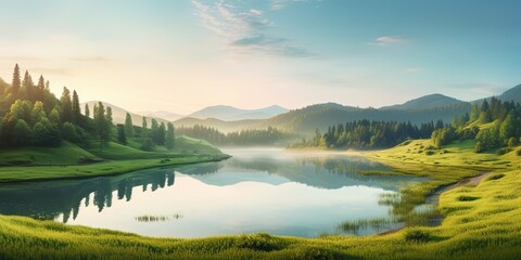 Beautiful landscape of green mountains and lake in the morning with sunrise sky. Nature landscape. Watershed forest. Water and forest sustainability concept. - obrazy, fototapety, plakaty