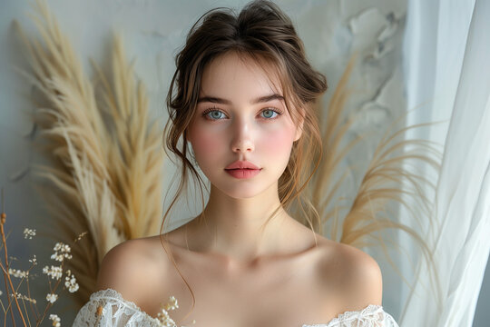 jolie femme brune aux yeux bleu, souriante, robe, portant un collier, l&egrave;vres pulpeuses, beaut&eacute;, mod&egrave;le
