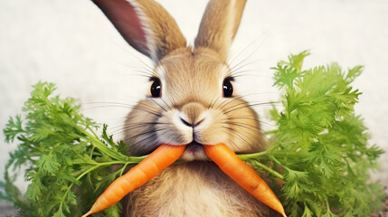Portrait of a baby rabbit with carrots in its mouth