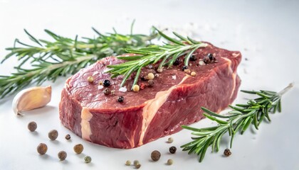 Fototapeta premium Raw beef steak with rosemary and peppercorns on white background 