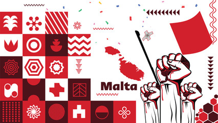 Malta national day banner with Maltese flag colors theme background and geometric abstract retro modern red white design. Raised fists, people protest or supporters. Valletta Vector Illustration.