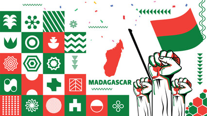 Madagascar national day banner design. Madagascar flag theme graphic art web background. Abstract celebration geometric triangles, white red green color. Madagascan raised fists Vector illustration.