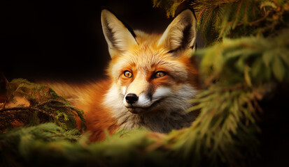 Portrait of a beautiful Red fox lying in a forest