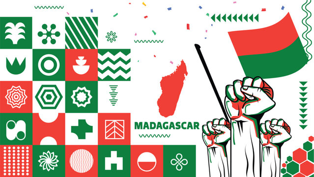 Madagascar national day banner design. Madagascar flag theme graphic art web background. Abstract celebration geometric triangles, white red green color. Madagascan raised fists Vector illustration.