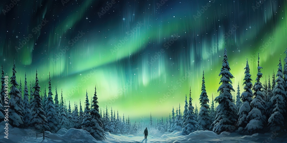 Poster singular figure stands before a stunning display of the aurora borealis in a snowy forest