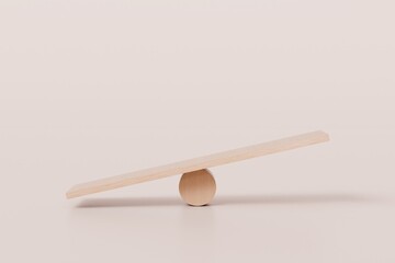 3d Wooden Seesaw Imbalance scales on isolated white background. comparison weight or unbalanced seesaw scales icon. minimal cartoon.3D Rendering. Banner, a place for text, copy space.