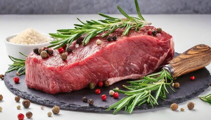 Raw beef steak with rosemary and peppercorns on white background 