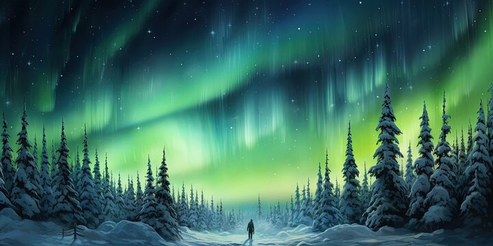 Singular figure stands before a stunning display of the aurora borealis in a snowy forest - Powered by Adobe