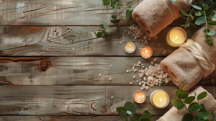 A relaxing Zen spa setup with towels, candles, lush leaves, and rock salt on wooden table. Copy...
