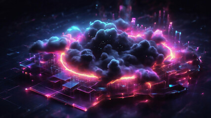 Cloud computing transfer big data on internet, neon isometric. Futuristic digital technology