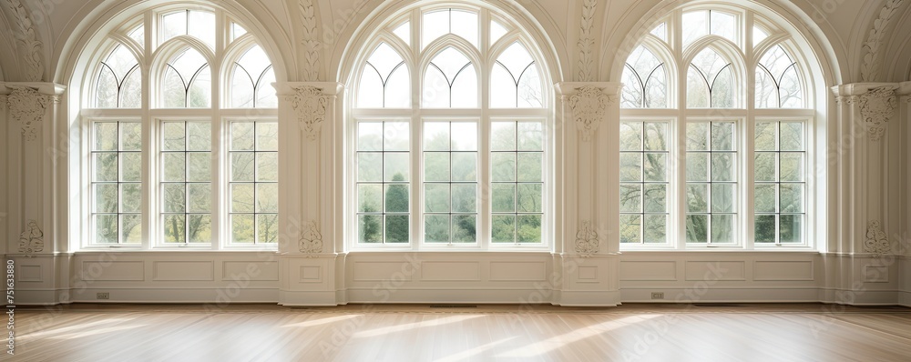 Poster a room with arched windows that allow warm natural light to flood in, illuminating the wooden floor 