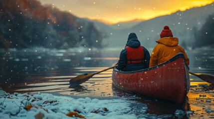 Pair canoeing on almost frozen lake on winter (Belis lake, Transylvania, Romania). - obrazy, fototapety, plakaty