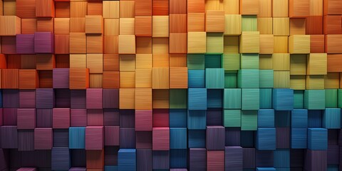 Spectrum of stacked multi-colored wooden blocks. Background or cover for something creative, diverse, expanding, rising or growing