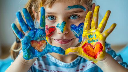 Child with painted hands showing hearts and World Autism text - obrazy, fototapety, plakaty