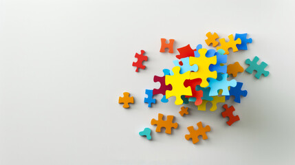 Puzzle pieces in bright primary colors scattered on a light background - obrazy, fototapety, plakaty
