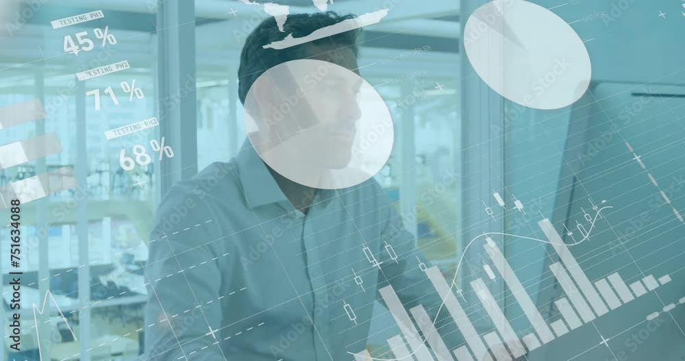 Poster animation of graphs and charts processing over caucasian casual businessman using computer at office
