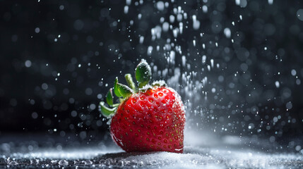 Close-up of a ripe strawberry with splashing water on a black background, ideal for healthy eating...
