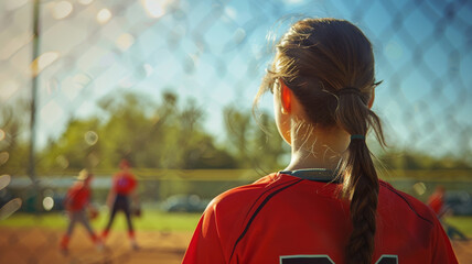 Closeup photo of a softball players back looking towards the field with at game time Wide angle.