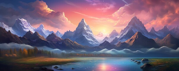 The majestic mountains stood tall against the vibrant sky, as the distant planet beckoned with its...
