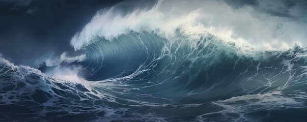 Giant tsunami waves, dark stormy sky. Perfect Storm. Huge waves Tsunami Big waves - obrazy, fototapety, plakaty