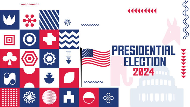 US Presidential Election 2024 Banner Background. American Election campaign between democrats and republicans. Electoral symbols of both political parties. United States of America USA Map.
