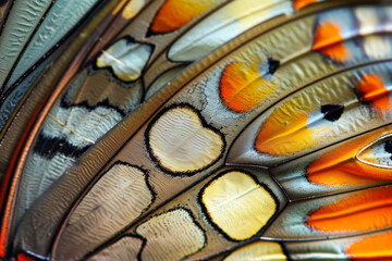 Close-up macro of a butterfly wing, vibrant colors and patterns.
