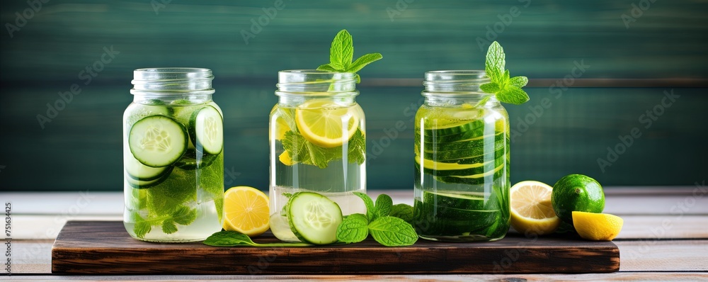 Aufkleber cold drink with basil, cucumber and lime. mojito, lemonade with basil. infused cucumber drink with m